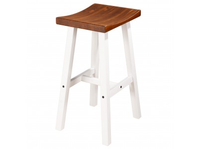 Banqueta em madeira maciça na cor branco laca com assento castanho / Coleção Cozzy.